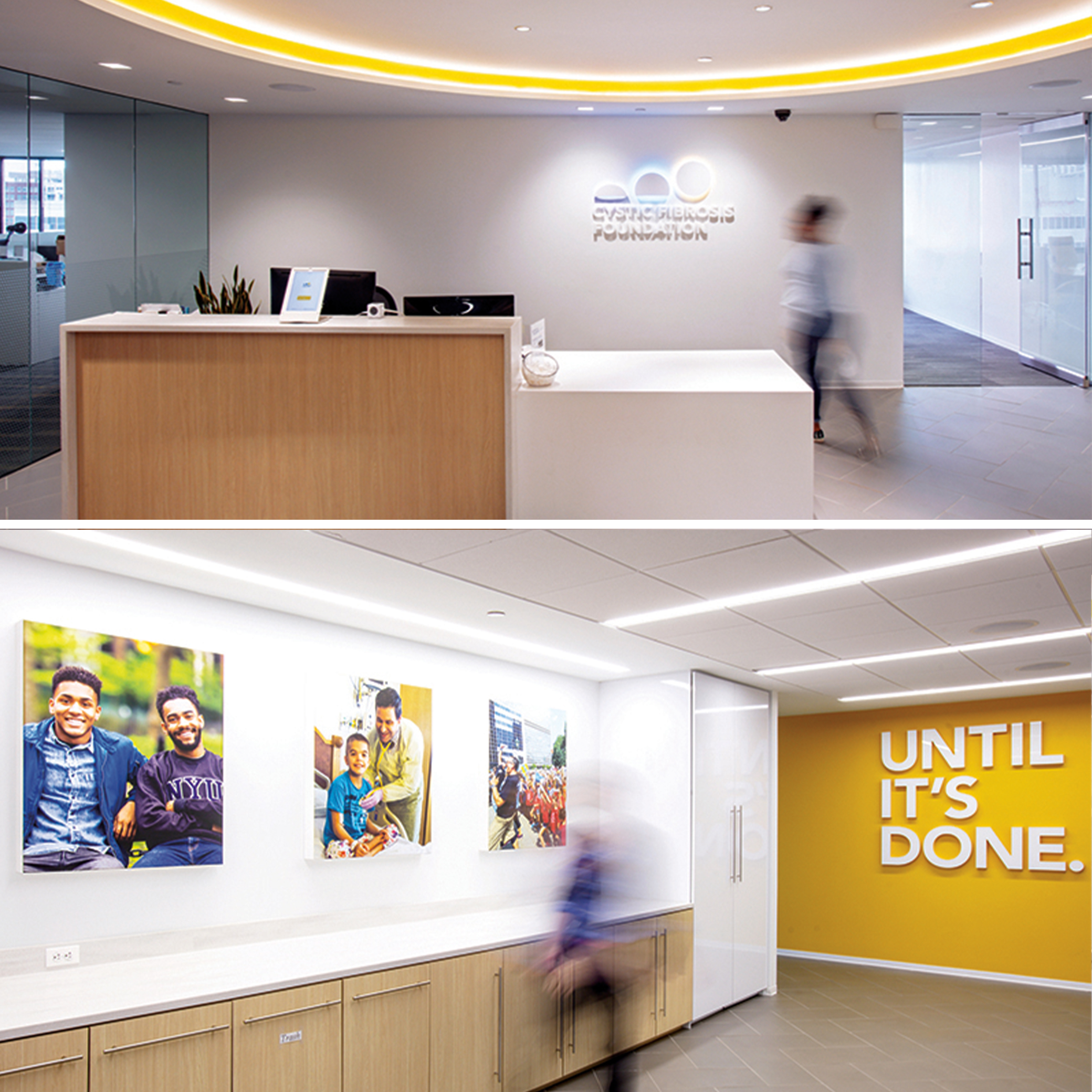 Photos of conference rooms at the Cystic Fibrosis Foundation with interior branded murals and lights. 