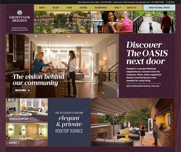 The homepage for EYA Grosvenor Heights' new website, "Discover the OASIS next door".