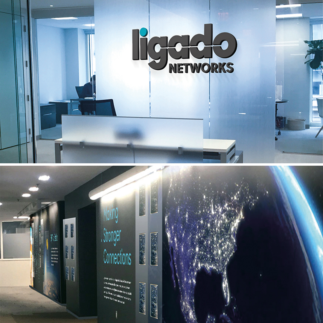 Photos of the Ligado Networks offices with Grafik interior branded logo and print designs on the walls.