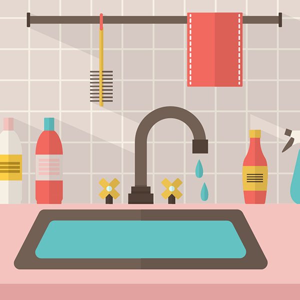 Illustration of a sink with cleaning supplies around it