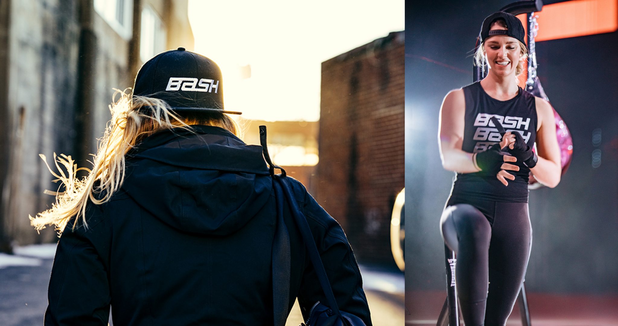2 images of blonde woman wearing BASH boxing apparel