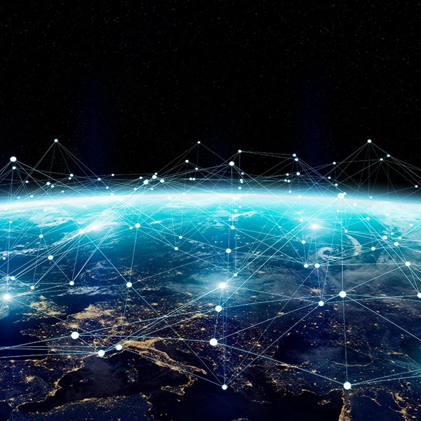 Images of earth with digital transformation line connections from different cities