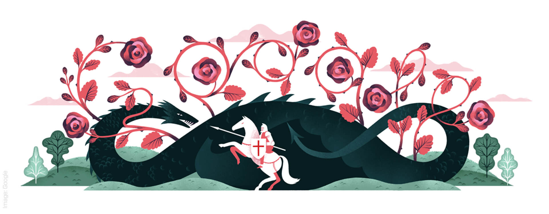 Illustration of a knight fighting a dragon with roses coming out of the dragon
