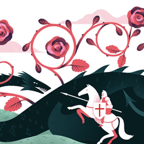 Header image of pink and red roses, a green dragon and knight on the Living logo webpage