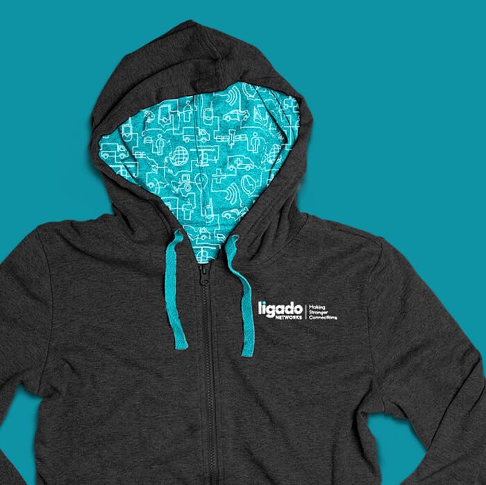 Case study example of brand identity work for Ligado which included the design of this hoodie for employees.