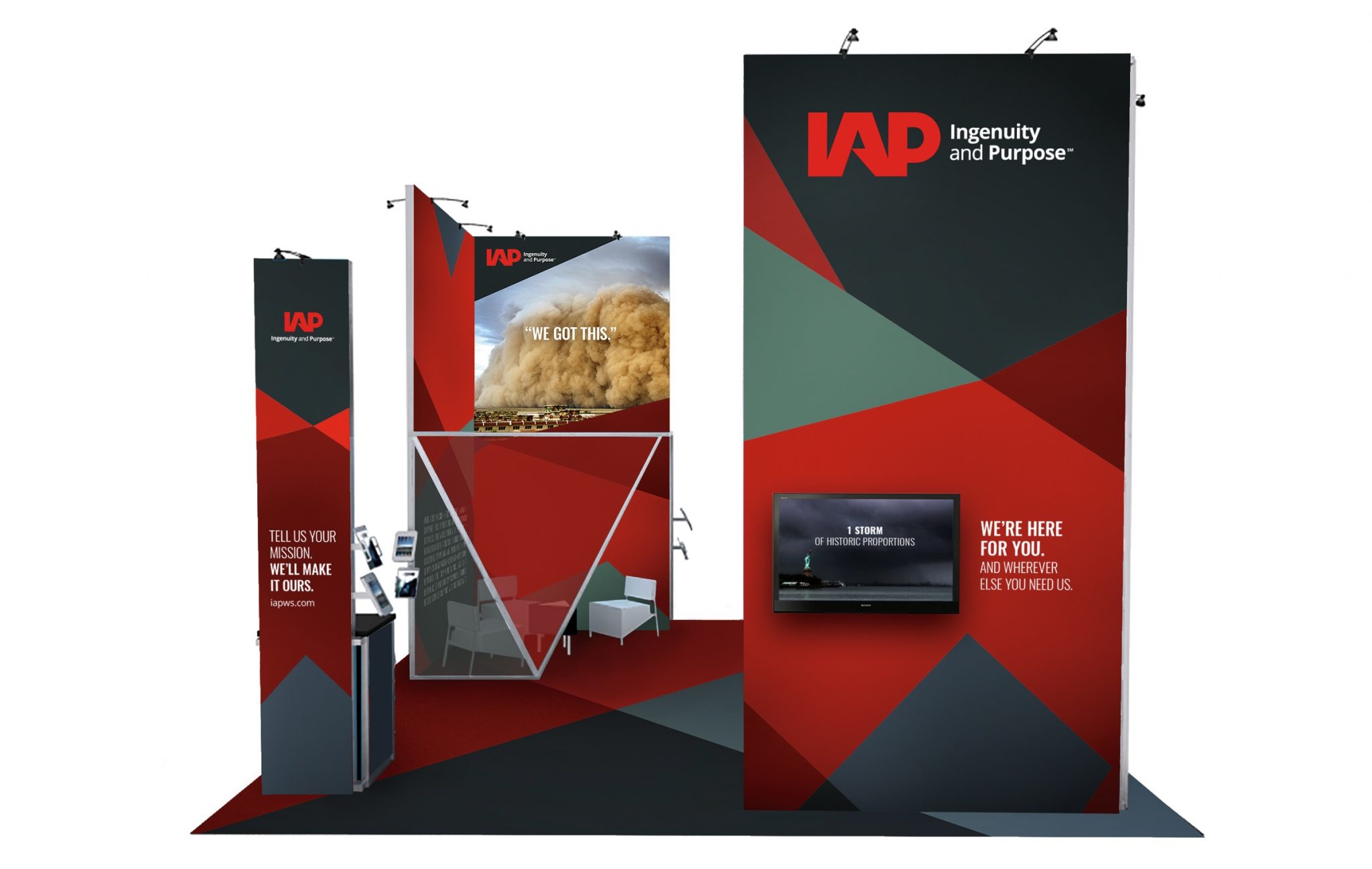 Display advertisement at a tradeshow booth for IAP's brand launch featuring top quality brand identity.