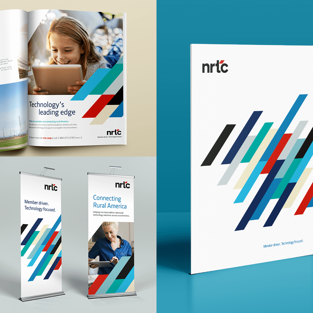 NRTC brand collateral materials including magazine, brochure and tradeshow booth banners.