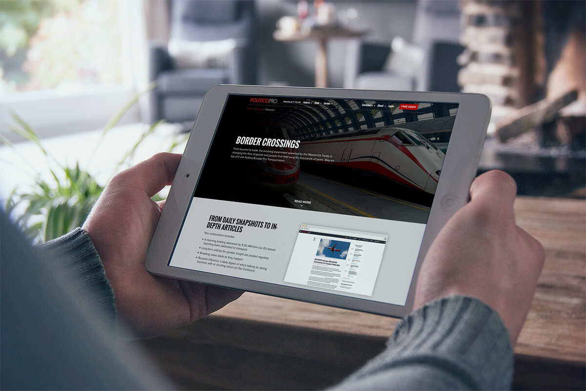 iPad rendering of the website redesign project for Politico Pro which included a responsive mobile and tablet interface.