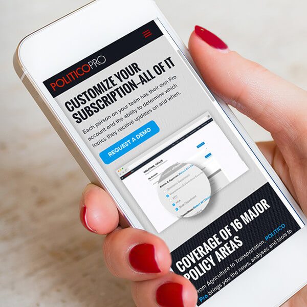 Responsive mobile app display for Politico Pro's new marketing website