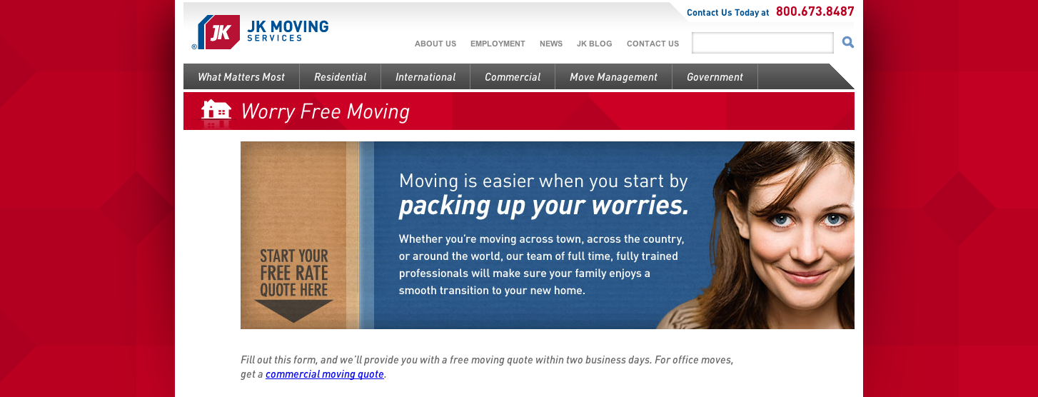 JK Moving Worry Free Campaign landing page