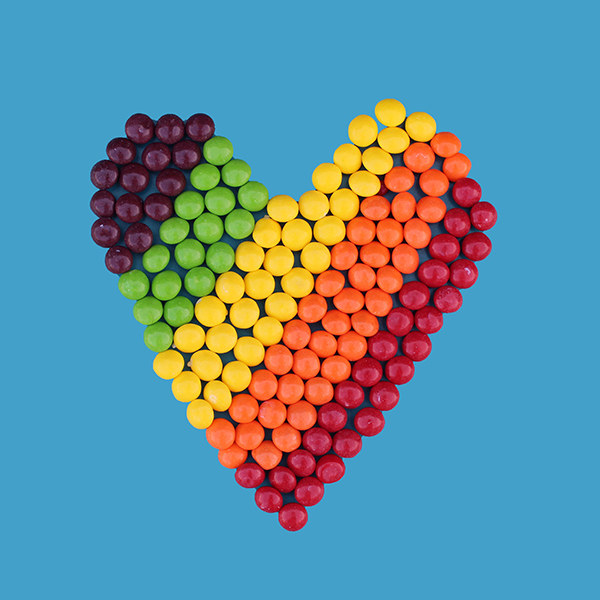 Rainbow heart made from candy