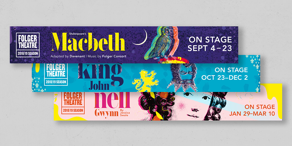 3 ads banner promoting shows at Folger Theatre