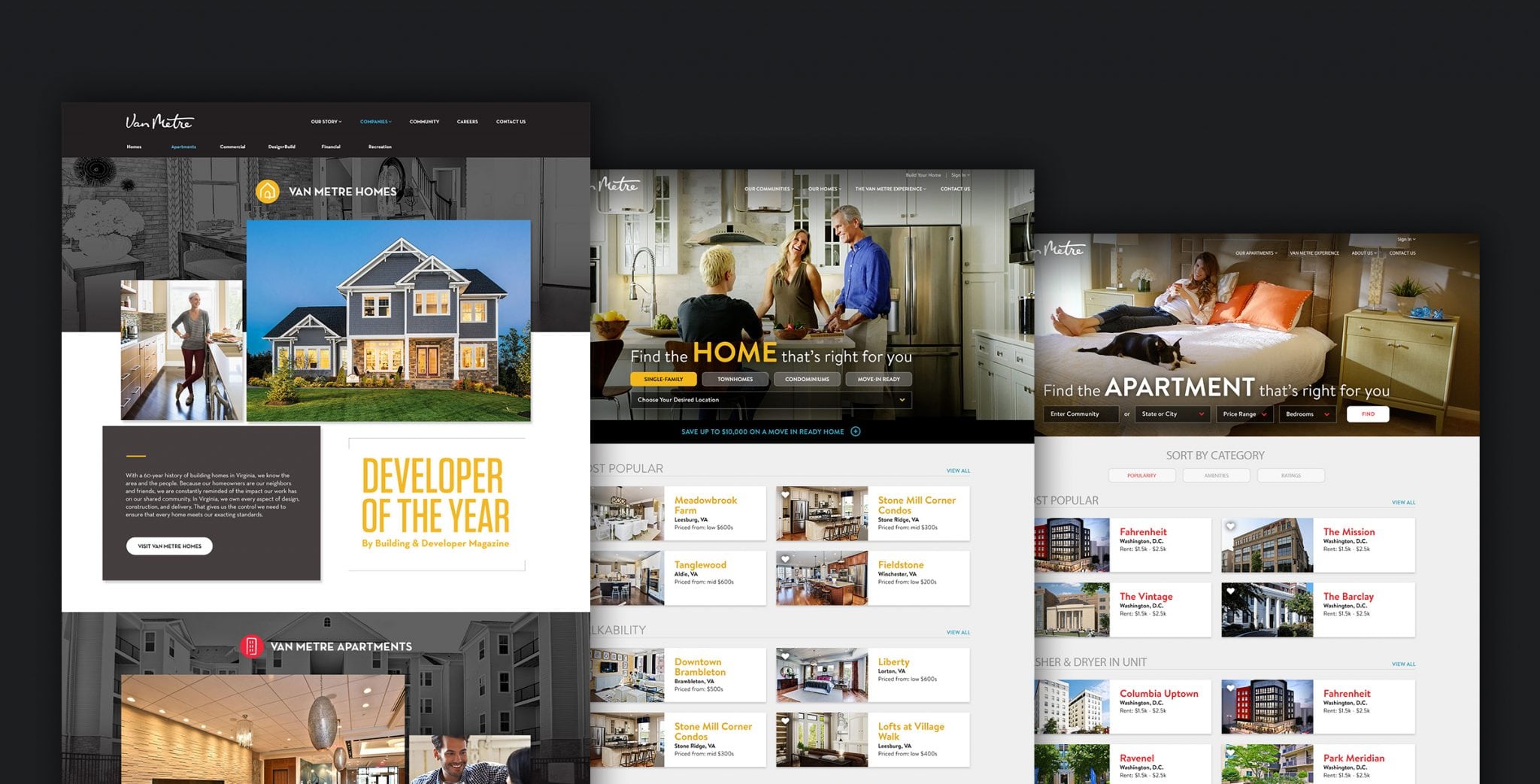 Different Van Metre webpages highlighting various apartment listings